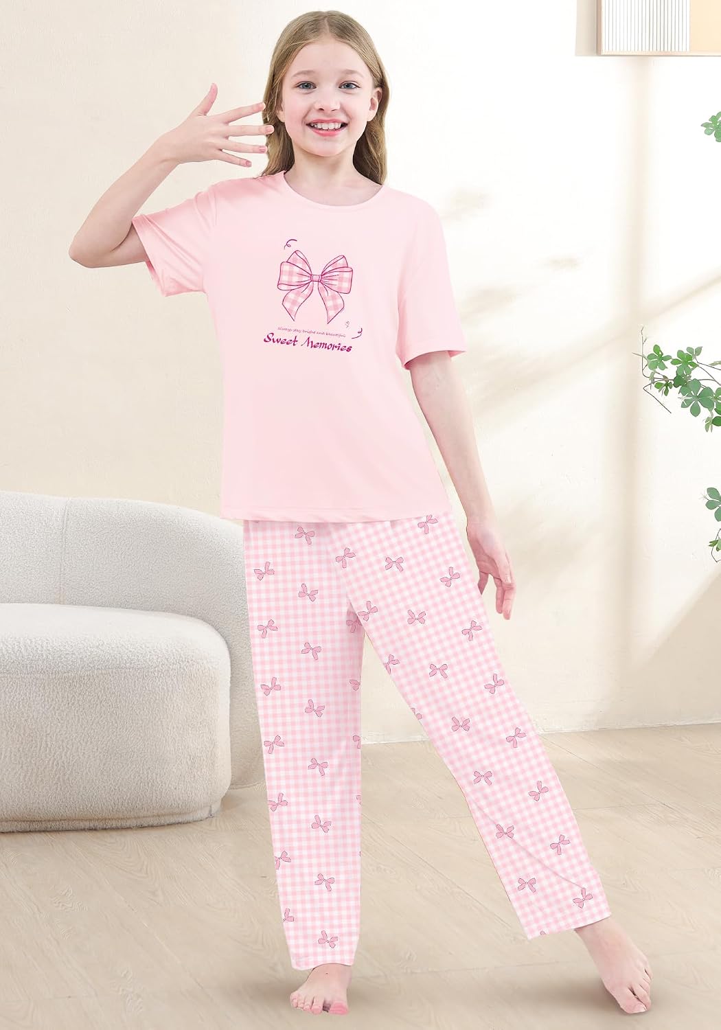 Schbbbta Kids Girls Pajamas 3 Piece Short Sleeve Shirt Top Pants Shorts with Pockets Cute Cartoon Sleepwear, 5-14 Years