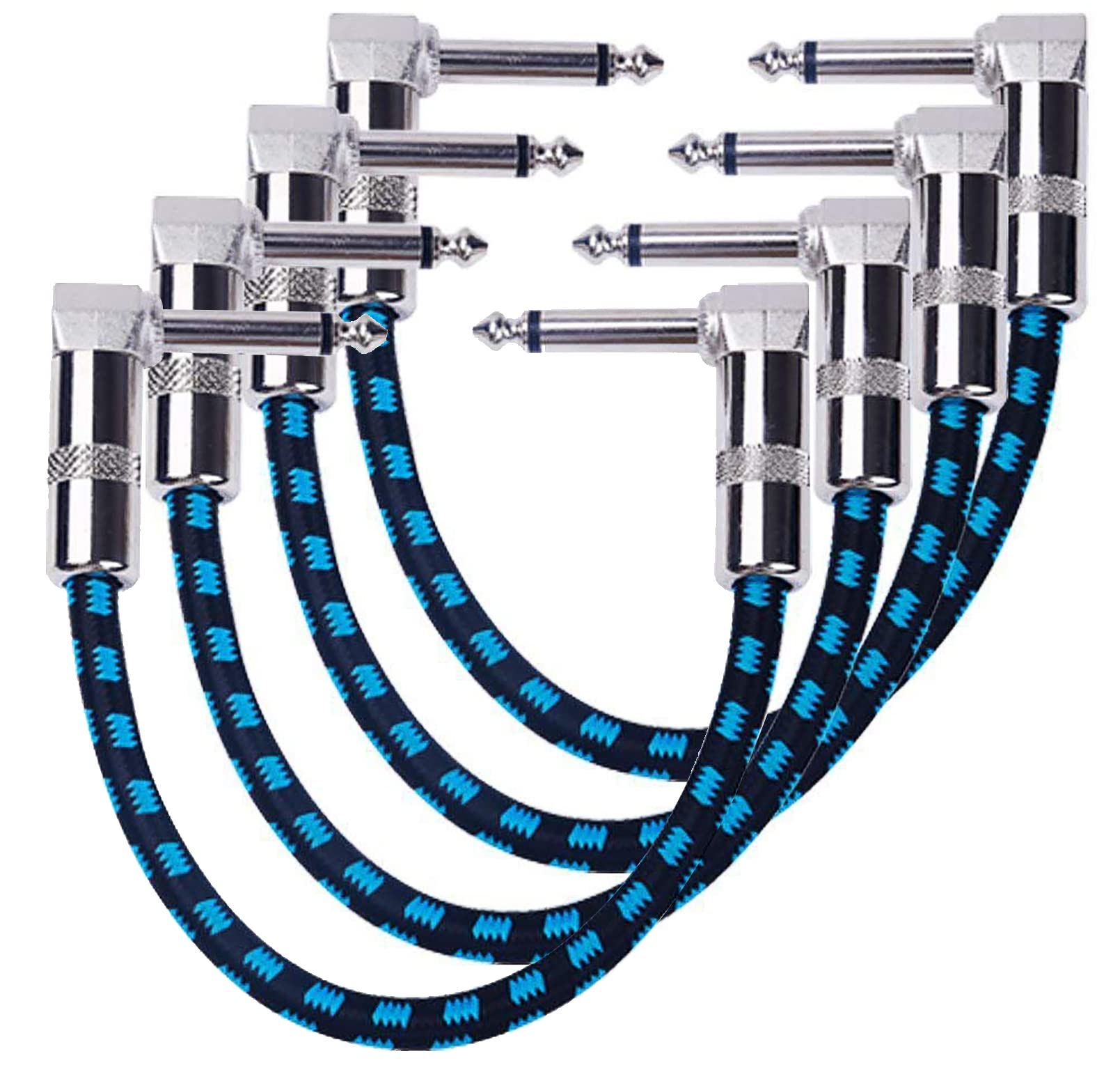 6 Inch Guitar Patch Cable with 1/4" Right Angle Plugs, Black and Blue Tweed Woven Jacket