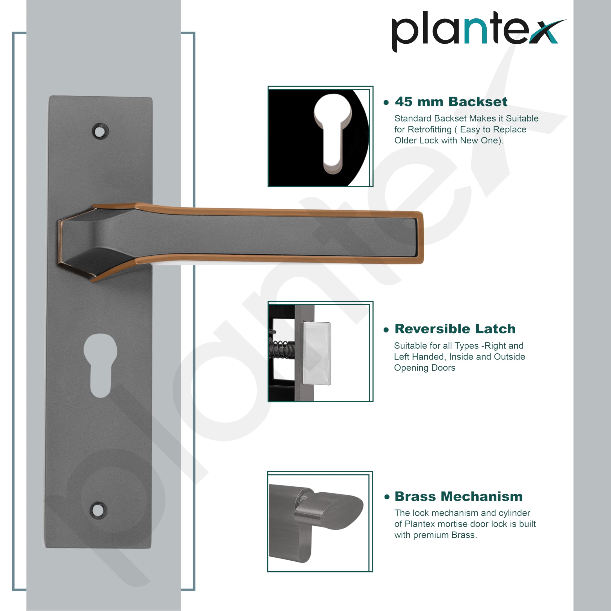 Plantex Heavy Duty Door Lock Set - Main Door Lock Handle Set/Mortise Locks with 3 Keys, Brass Body & Cylinder (8126 - Grey & PVD Choco) — Amazon image 6