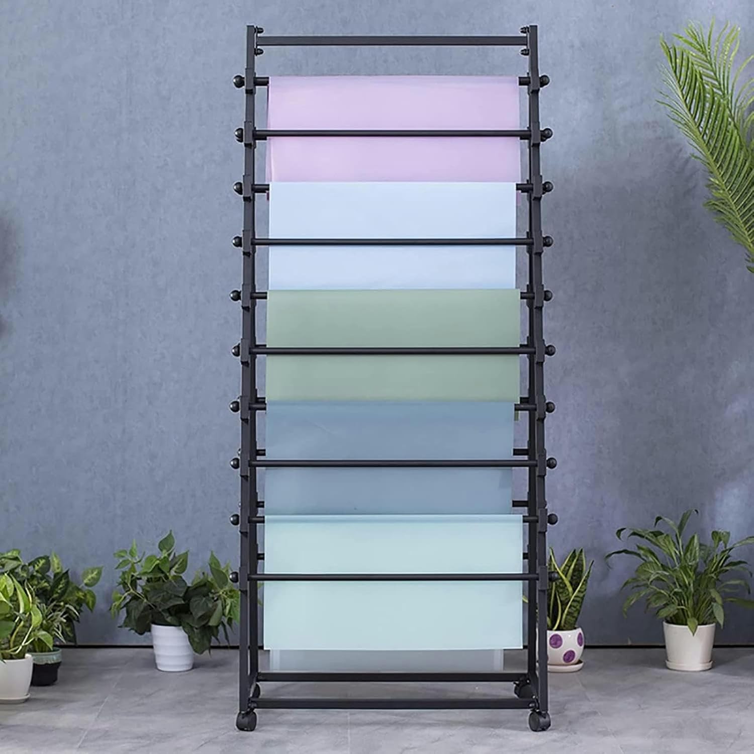 Craft Room Organiser Display Display Stand Double-Sided Scarf/Wrapping Paper Storage Organzier Rack with Wheels, Metal Freestanding Ribbon Display Stand Shelf with Movable Crossbar