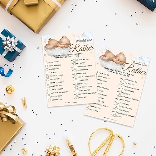 Vista 4 de Juegos de baby shower, Preferiría Tarjetas de fiesta temáticas de oso pequeño para niños o niñas neutros de género, suministros y actividades