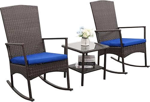 Miniatura 6 de Mecedora de mimbre de polietileno para exteriores juego de 3 piezas de bistró de ratán para patio 2 butacas mecedoras y muebles de mesa auxiliar de