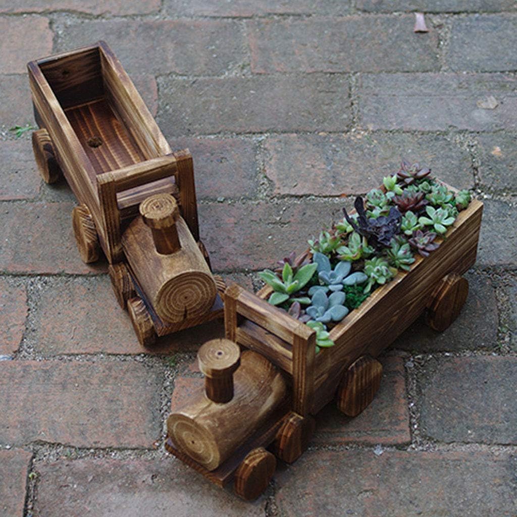 Train Flower Pot Handmade Retro Wooden Succulent Plant Potted Bonsai Planter Home Garden Decoration