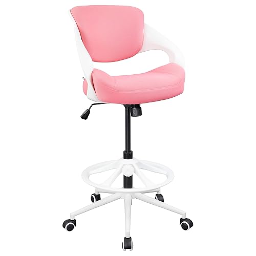 BOJUZIJA Ergonomic Drafting Chair,Standing Computer Desk Chair,Foot Ring,Lumbar Support,Swivel Task Chair-Pink - Pink - BJZ-3811D