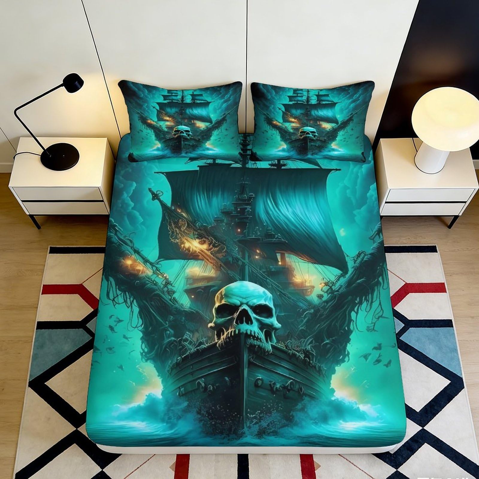 3D Printed Pirate Ship Skull Fitted Sheet Microfiber Black Blue Bed Cover for Bedroom Dorm Mattress Protection Decor 180x200x25cm