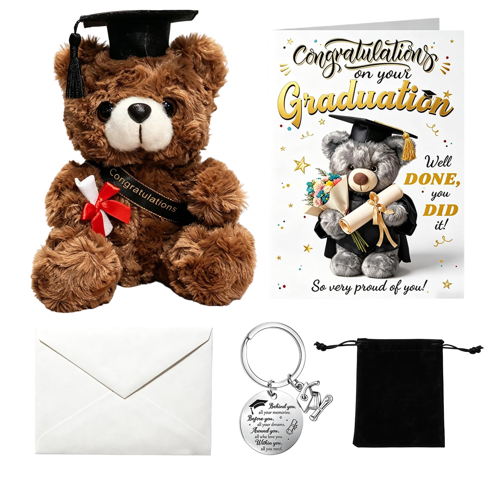 KhgFov Graduation Bear, Graduation Gifts for Her and Him, Small Teddy Bears with Graduation Card and Graduation Keychain Set, Academic Celebration Presents, Office and Home Decoration Keepsake