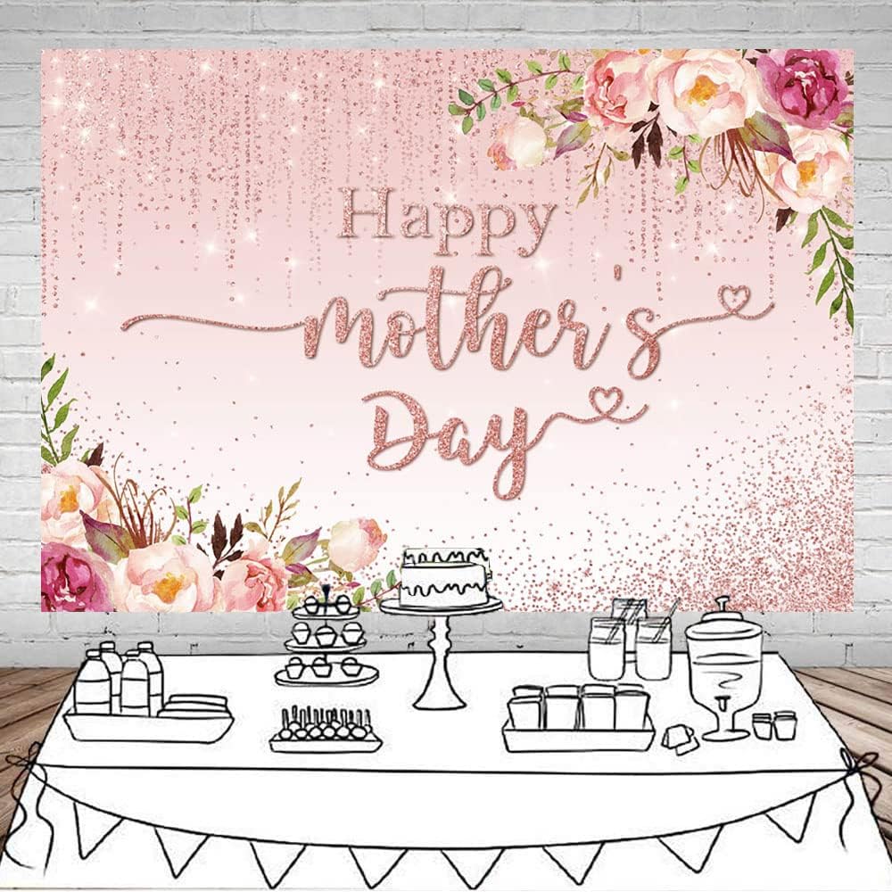 Mocsicka Happy Mother's Day Backdrop Floral Golden Dots Mothers Day Birthday Photography Background for Women Thanks Mother's Day Decorations Photo Booth Props (10x7ft New)