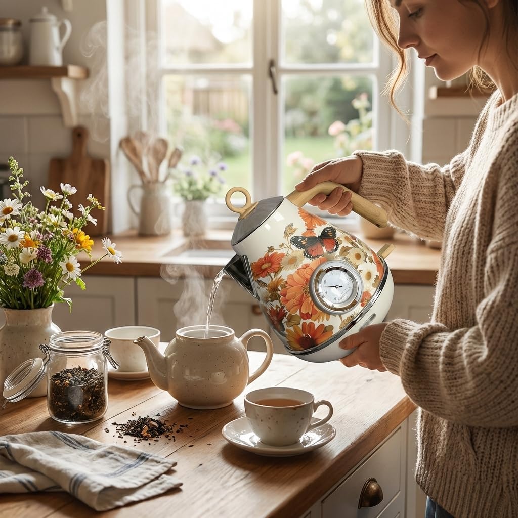 PS3013T Flower Painted Electric Kettle, 1.7L Retro Floral Printed Water Heater with Analog Dial Thermometer, 1850W Fast Boiling