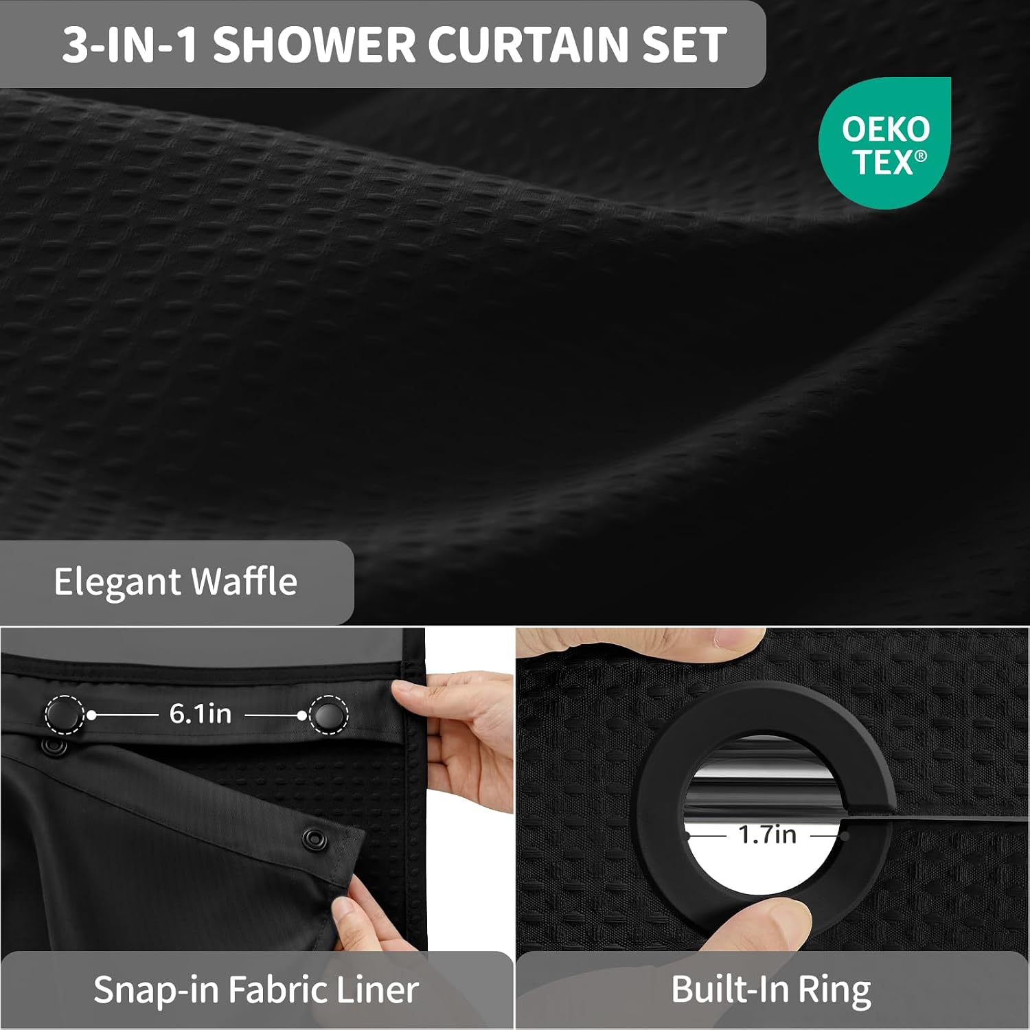 Dynamene Ringless Waffle Weave Fabric Shower Curtain Set, Black, 72"x75"