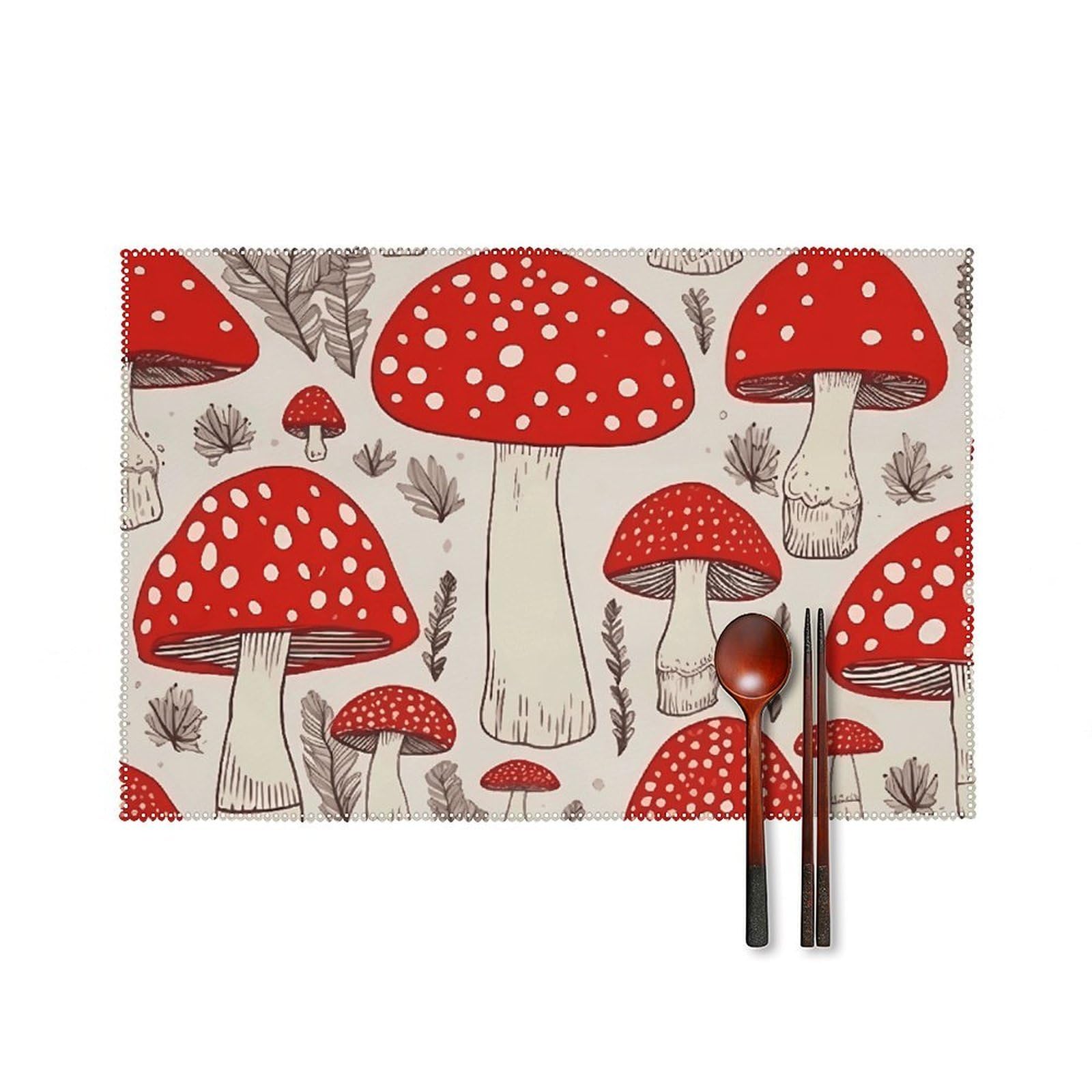 Red White Mushroom Placemats Set of 6, 12x18 Inch Heat Resistant Washable Canvas Table Mats, Stain Resistant Decorative Dining Placemats for Kitchen, Restaurant, Outdoor Party