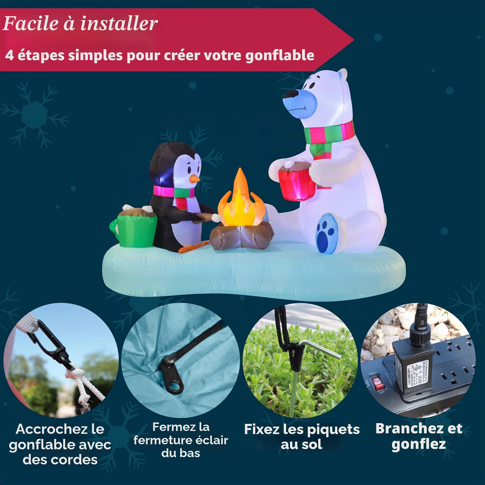 Joiedomi Ours polaire et pingouin gonflable de 1,8 m de long avec décoration de feu de camp, décoration de Noël gonflable avec LED intégrées pour fête de Noël, pelouse, décoration d'hiver