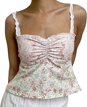Womens Vintage Crop Tank Top Lace Trim Spaghetti Strap Floral Plaid Patchwork Cami Casual Sleeveless Vest Blouses