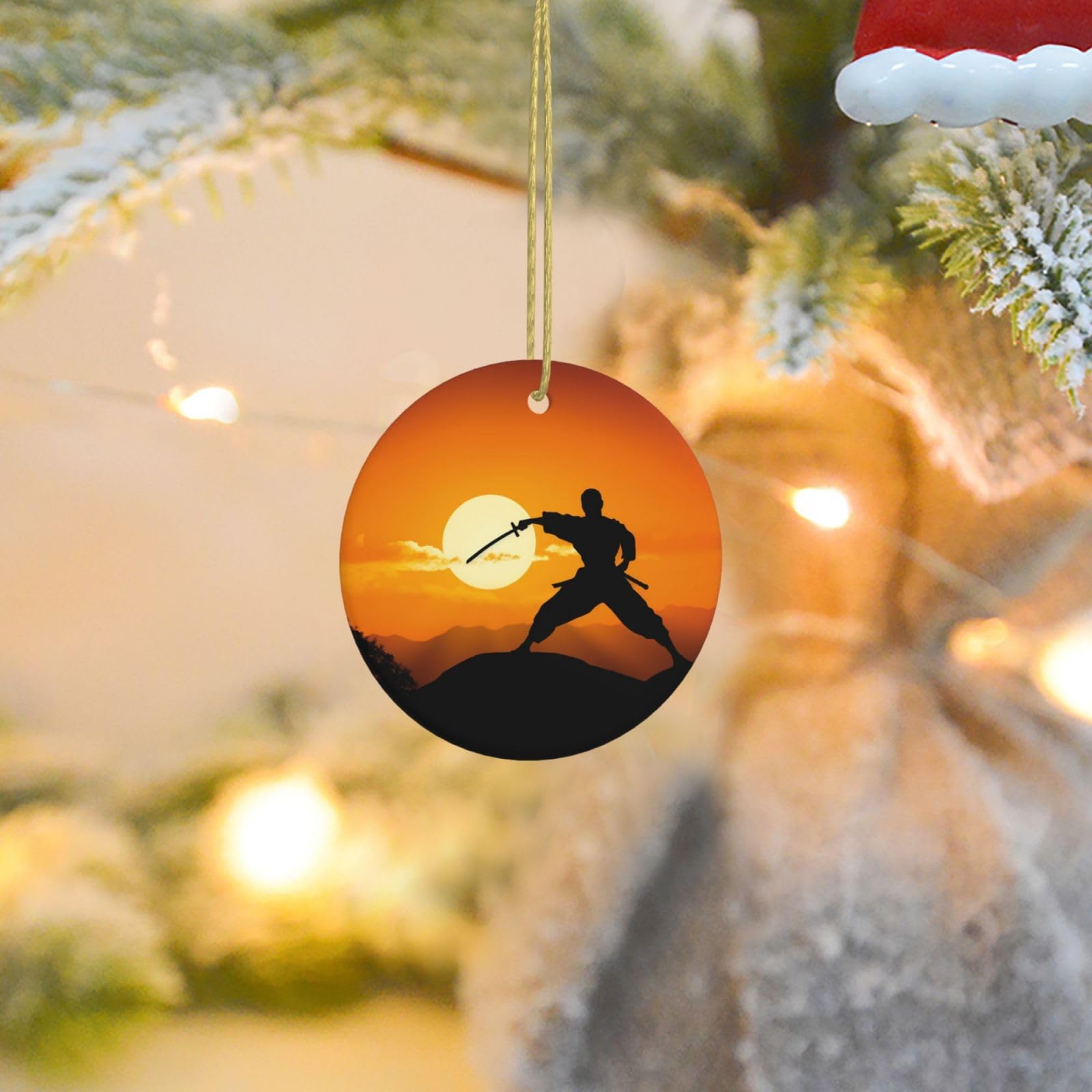 Christmas Ornaments for Christmas Tree Decoration Ceramic Hanging Sun Karate Silhouette Ornament with Gold Ribbon Crafts Round Pendant for Keepsake Gifts Glass Xmas Decor Party Supplies