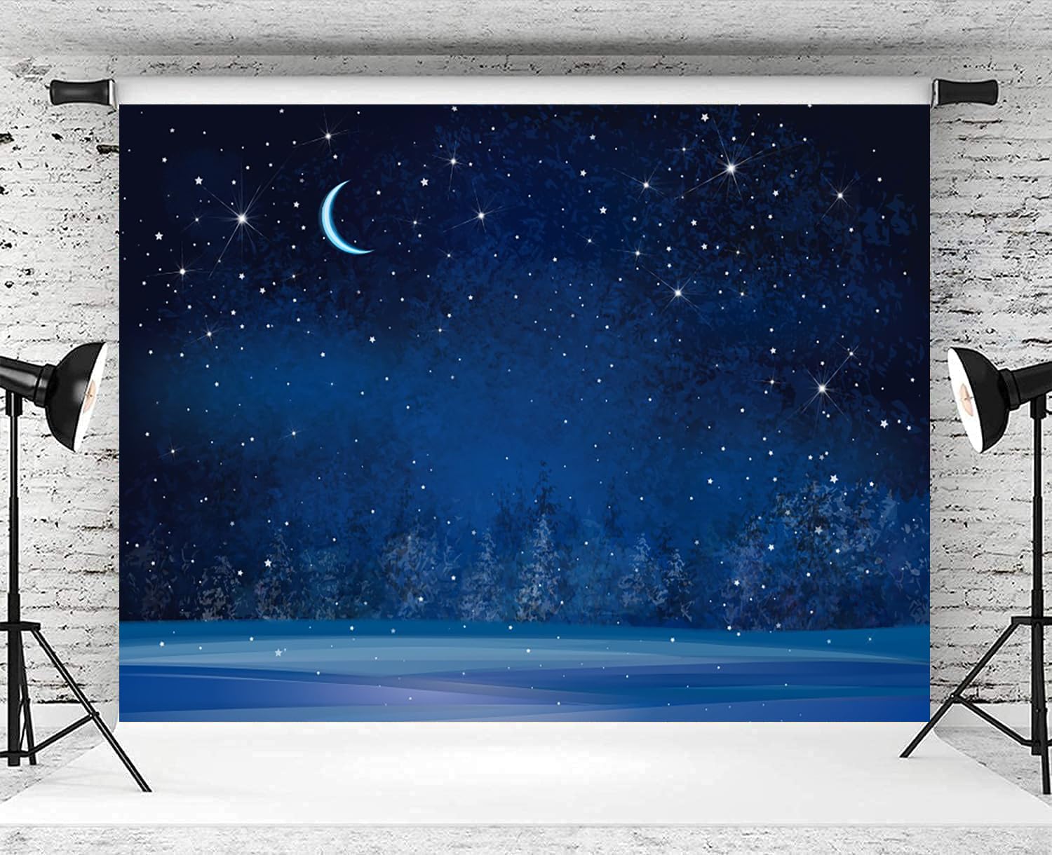 BELECO 6x4ft Fabric Christmas Backdrop Fantasy Night Moon And Stars Santa Claus Reindeer Winter Snow Mountain Hills Village Xmas Trees Background Christmas Eve New Year Party Decorations Photo Props