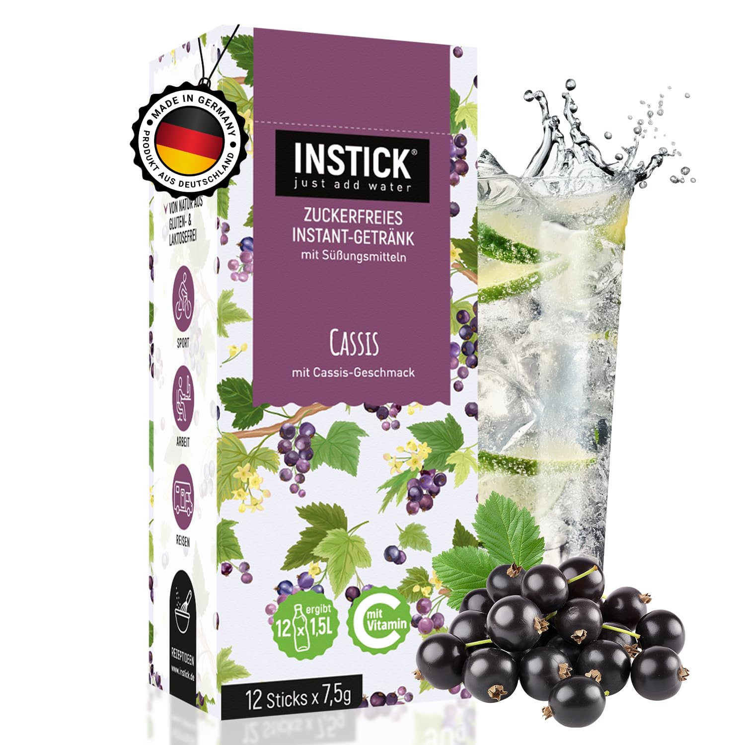 INSTICK Zuckerfreies Instant-Getränk (Cassis) - 1 Packung für 12 x 1,5-2,5 L - Veganes Getränkepulver Kalorienarm & Vitamin C - Instant-Pulver