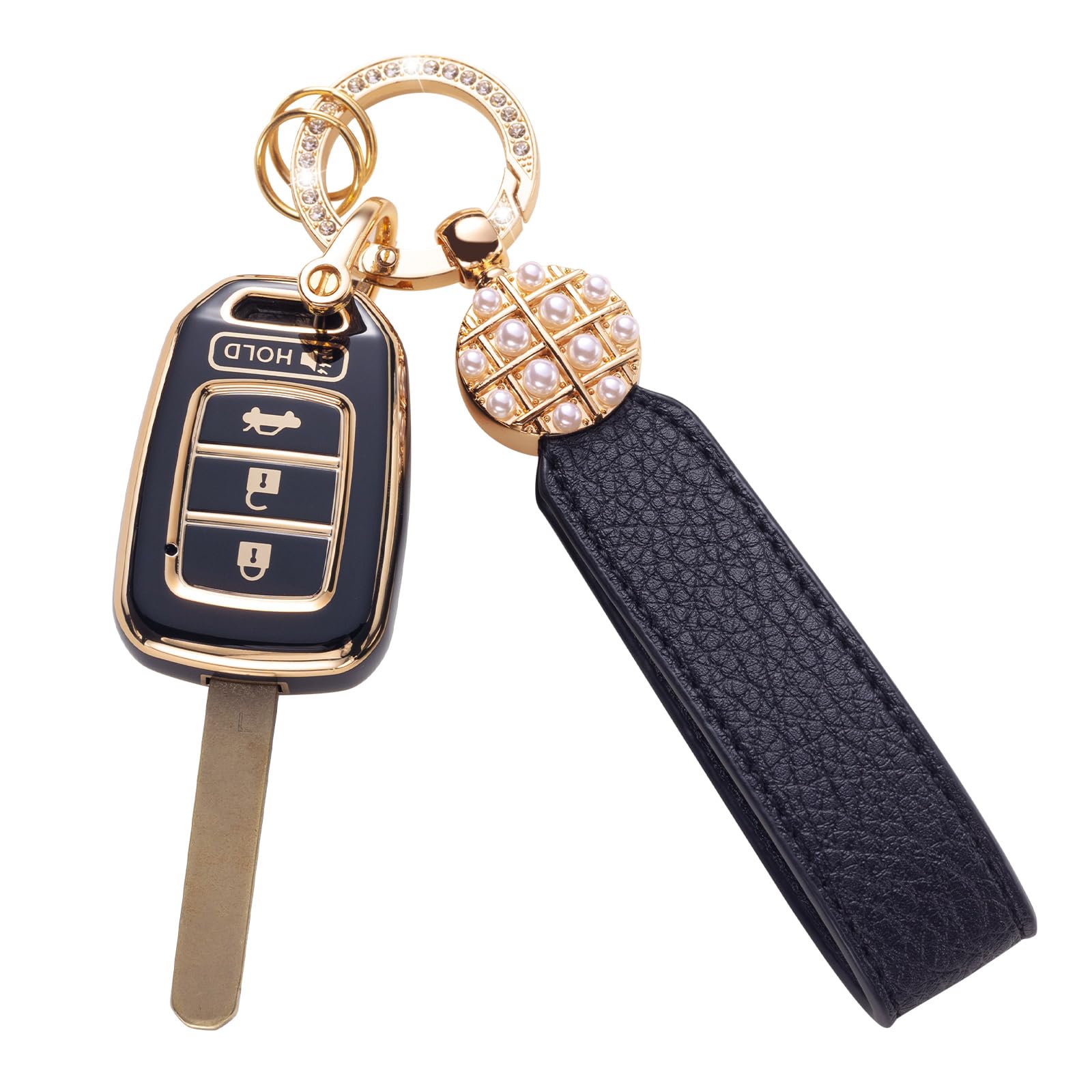 Qetoosur for Honda Key Fob Cover with Leather Lanyard, Key Case Protection Shell Fit for Honda Accord, CR-V SE, CRV LX, HR-V - 2014-2022 Smart Key Holder, Black