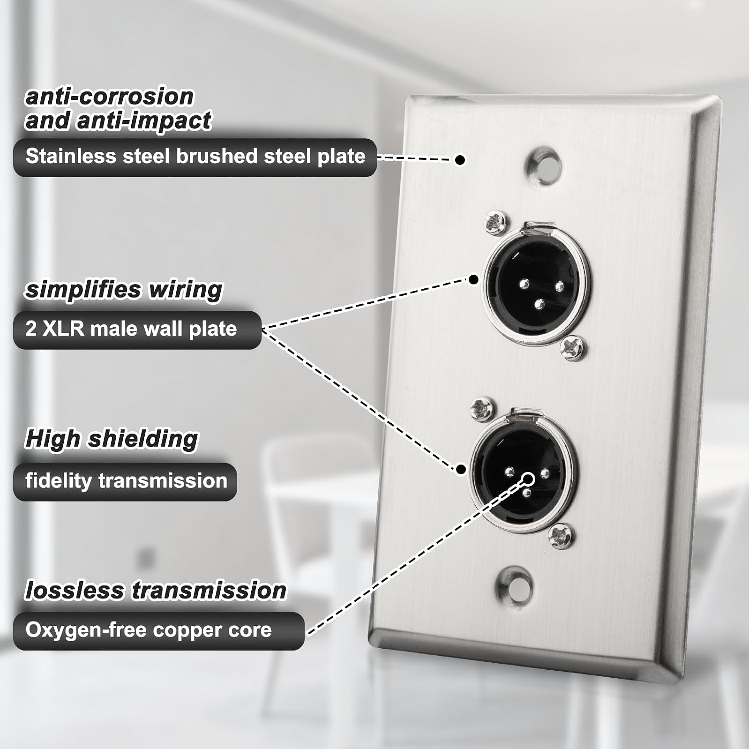 Dual XLR Wall Plate Male 2 PCS,Dual XLR Plugs and Plates Audio Speakers Stainless Steel Wall Plate