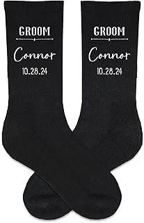 Socks with Name, Date and Role - Personalized Crew Socks for Wedding Day - Custom Printed Black Wedding Party Socks