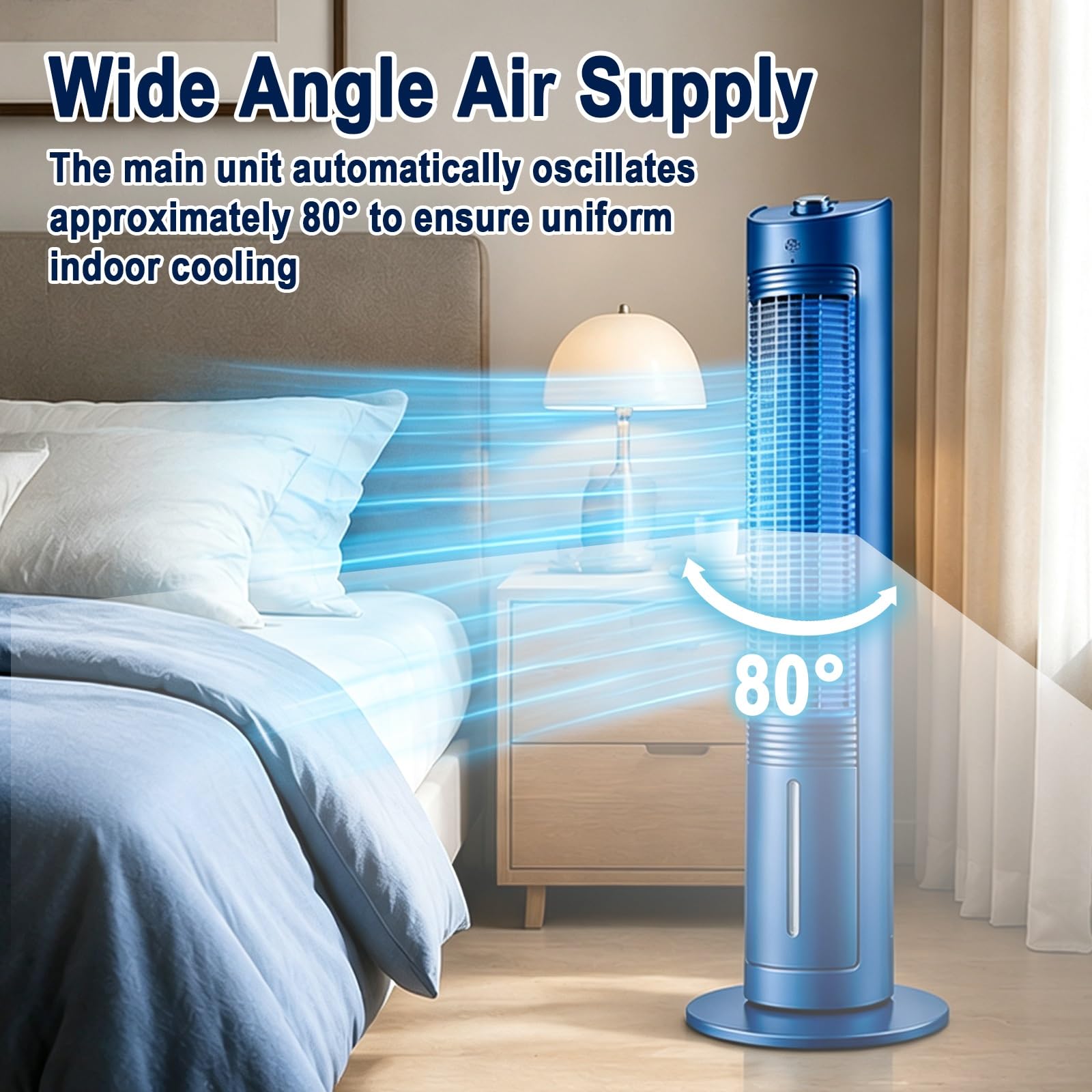 Ventilador Columna, Ventilador de Pie Silencioso, 30W, Oscilación de 80° | Ventiladores de Torre, 3 Velocidades, 3,6L, Refrigeración con Cristales de Hielo, para Hogar, Altura 100cm