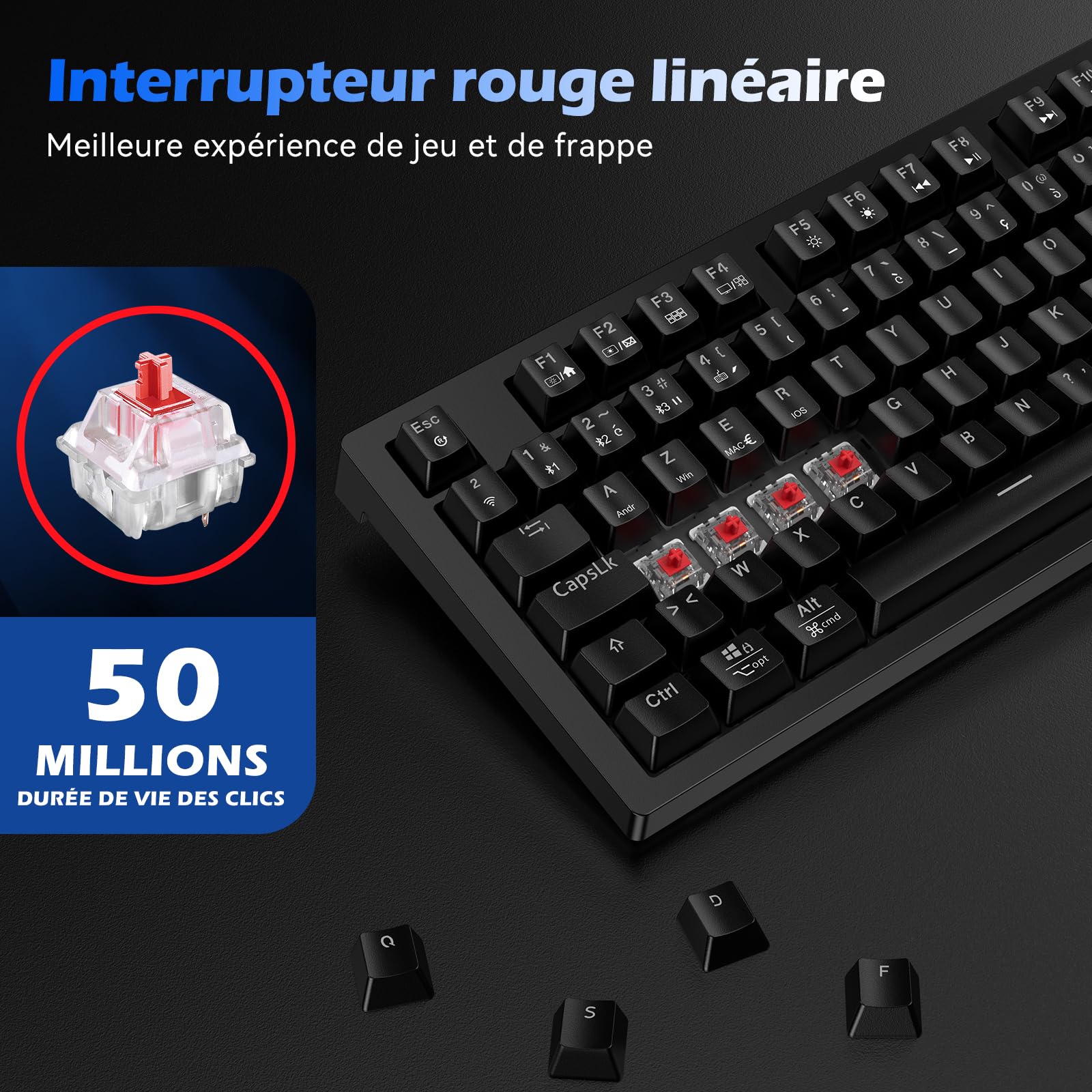 TECURS Tastiera Gamer Meccanica Wireless 80% TKL AZERTY, Tastiera Gaming Bluetooth/2.4Ghz/USB-C Programmabile con Interruttore Rosso, Tastiera Meccanica di Gioco RGB per PC/PS5/Win/Mac/Android/iOS,