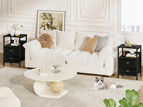 Miniatura 7 de Furologee Juego de 2 mesitas de noche, mesita de noche con 2 cajones de tela, mesitas de noche con estante abierto, parte superior de madera, Roble