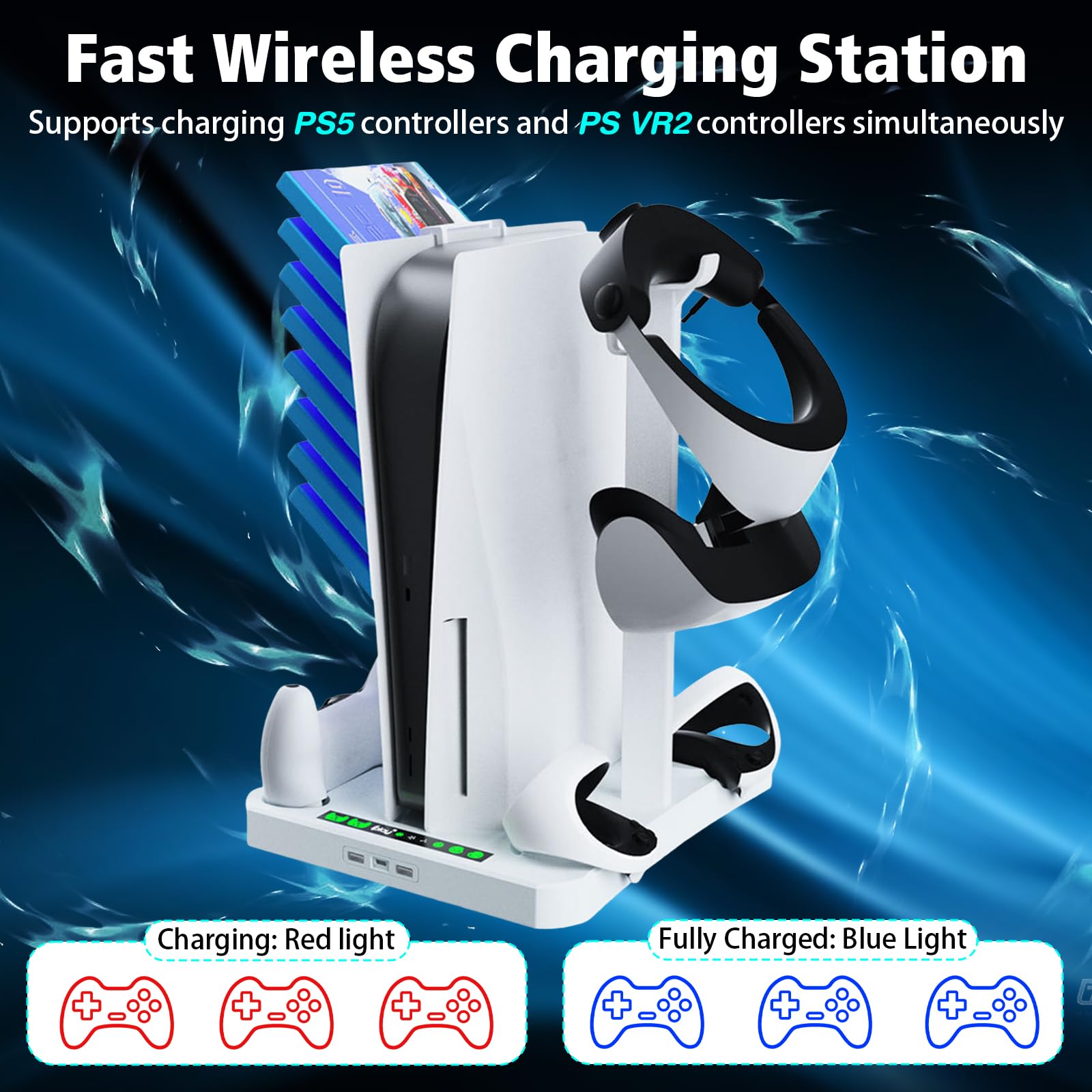PS5 & PS VR2 Ständer und Kühlstation Mit Controller Ladestation, 3 in 1 Ständer Mit 2 Kühlventilator für PS5 und VR2, Headset Halterung, Zubehör