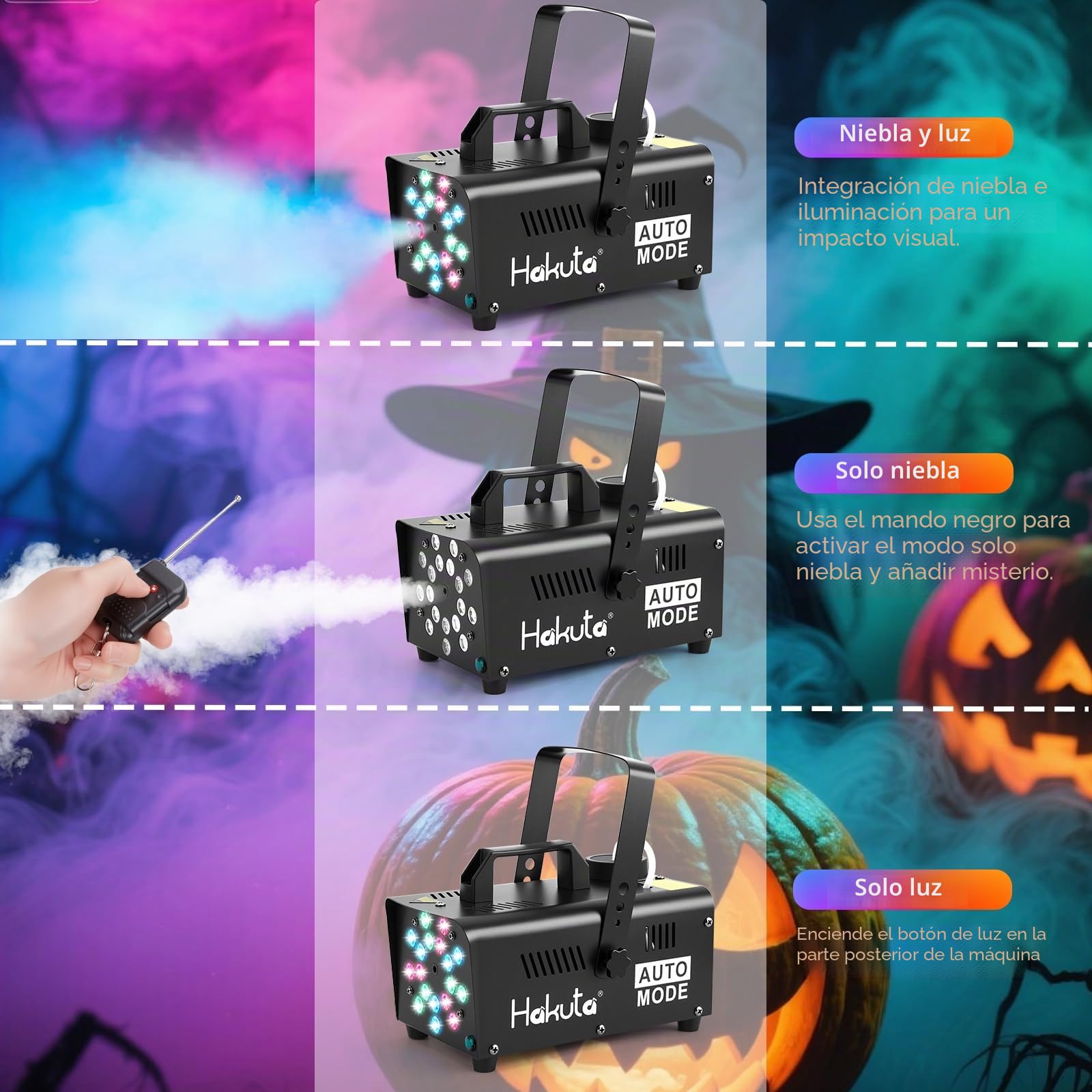 Hakuta Máquina de Humo con 18 Luces LED, Máquina de Niebla Automática para Halloween, Bodas y Fiestas DJ con Modos Carrera