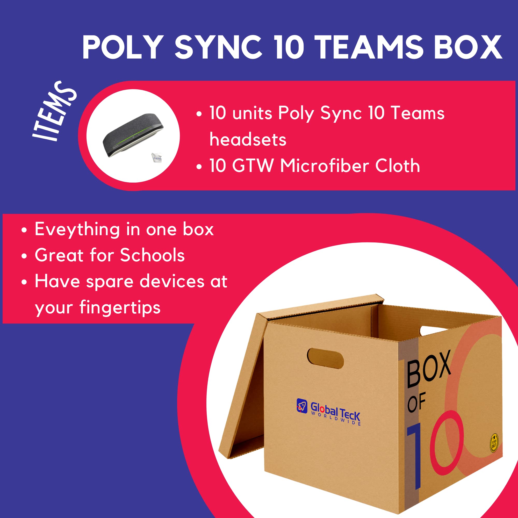 GTW Bundle with Poly Sync 10 USB-A/C Speakerphone Teams Version (Pack of 10), for Streaming Voice/Video, Distance Learning, Remote Work, Conferencing Apps - Zoom, Webex, Meet, Teams