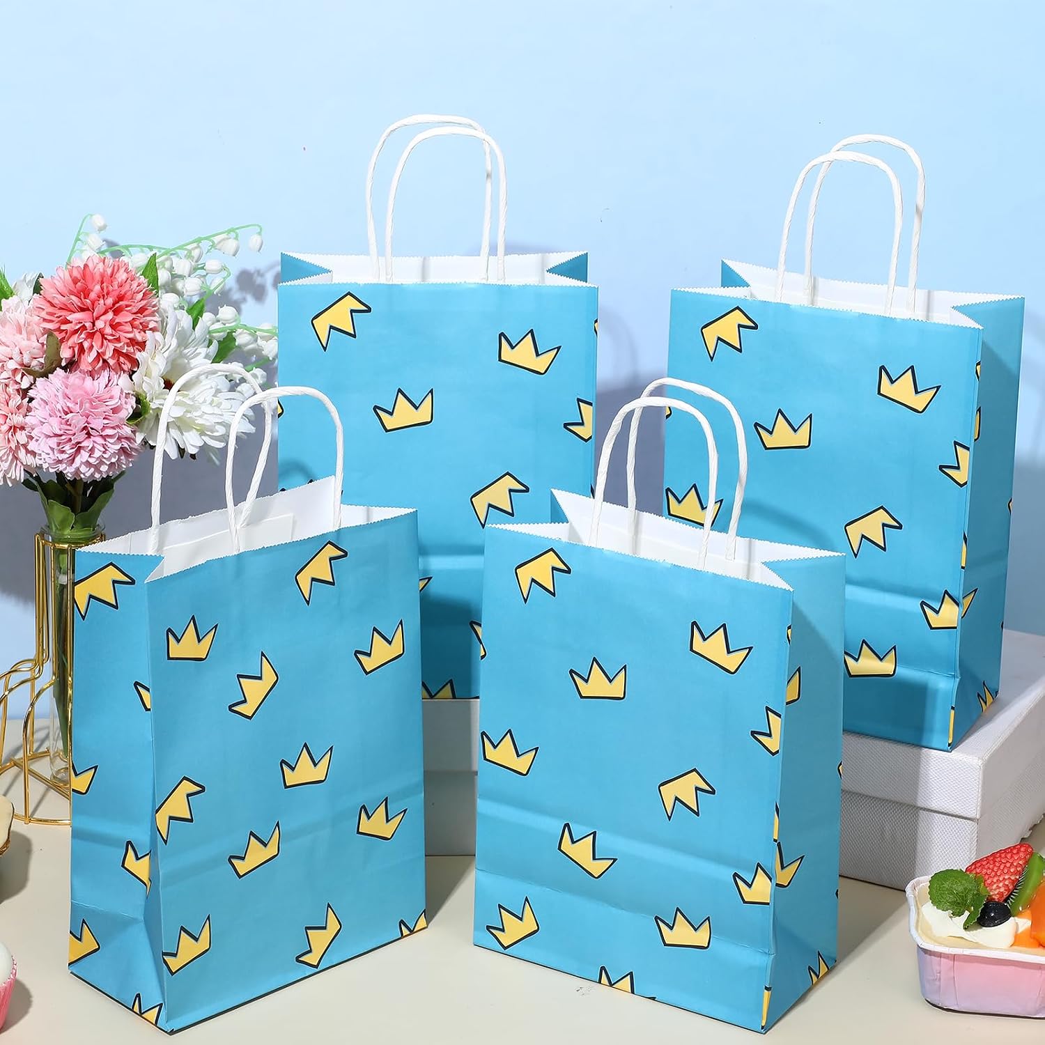 Supervitae 24 Pcs Dog Party Favor Bags with Handles, Blue Comic Goodie Gift Bags with Yellow Crown Pattern for Comic Hero Theme Birthday Party Supplies image 3