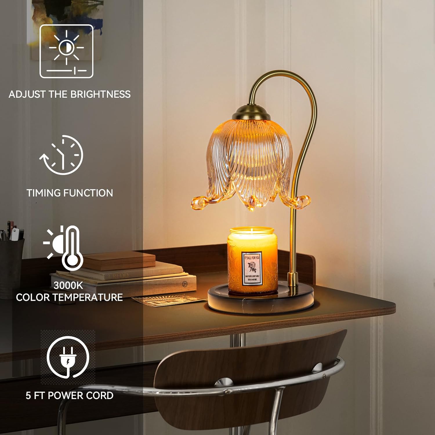 Candle Warmer Lamp,Electric Warmer,Dimmable,Candle Holders for Home Decor,with Timing Function,with 2 Bulbs,with Scented Candle,(Marble Base,Tulip)