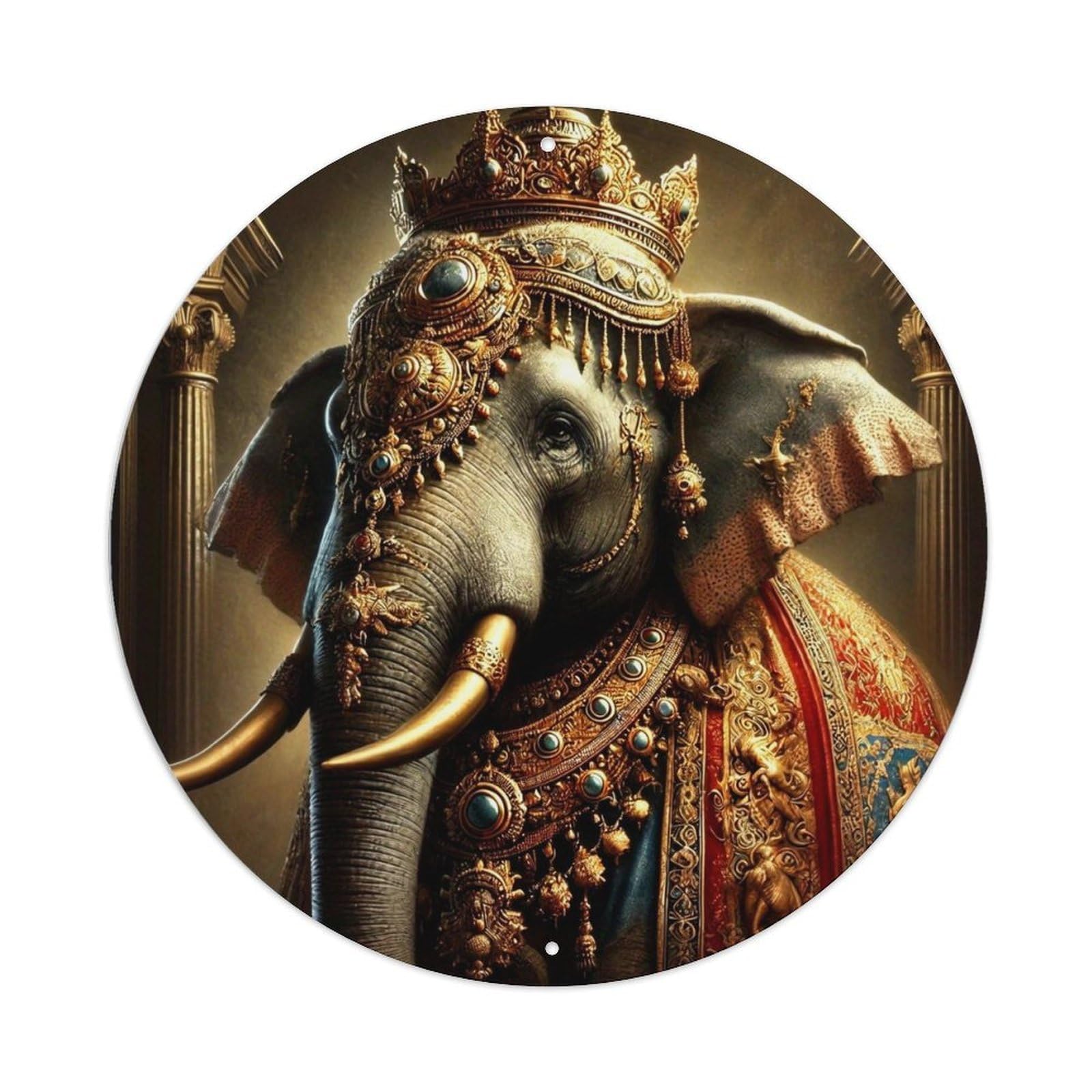 Ornate Golden Royal Elephant Portrait Vintage Metal Tin Sign Retro Wall Decor for Home Bar Garage Cafe, Indoor & Outdoor Decorative，circle Metal Poster, 8x8 Inch