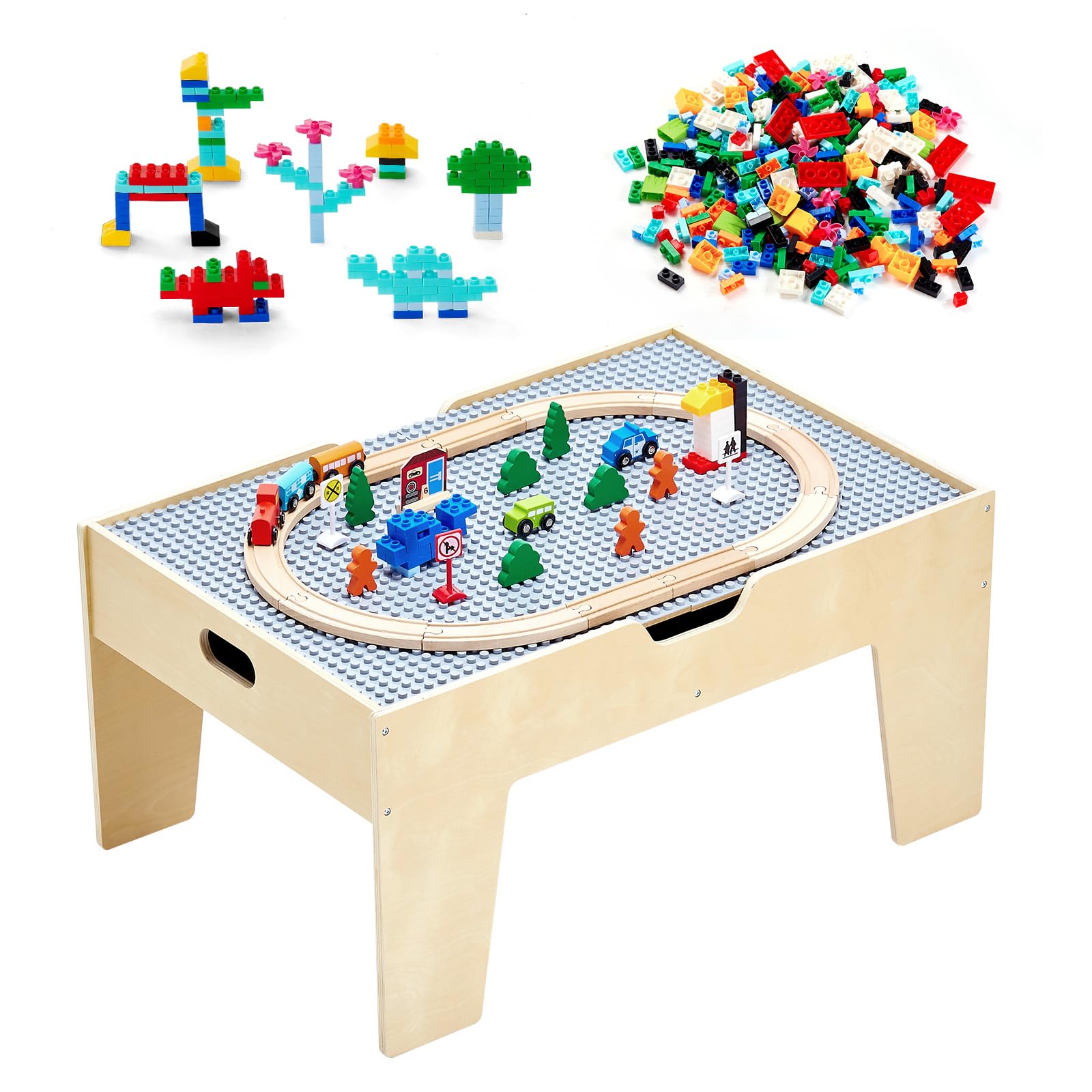 VEVOR Tavolo Ferroviario con Treni Binari Giocattolo, 290 Mattoncini da Costruzione e Set di Treni in Legno da 30 Pezzi, Tavolo da Gioco Multiuso in Legno, con Area di Stoccaggio per Bambini