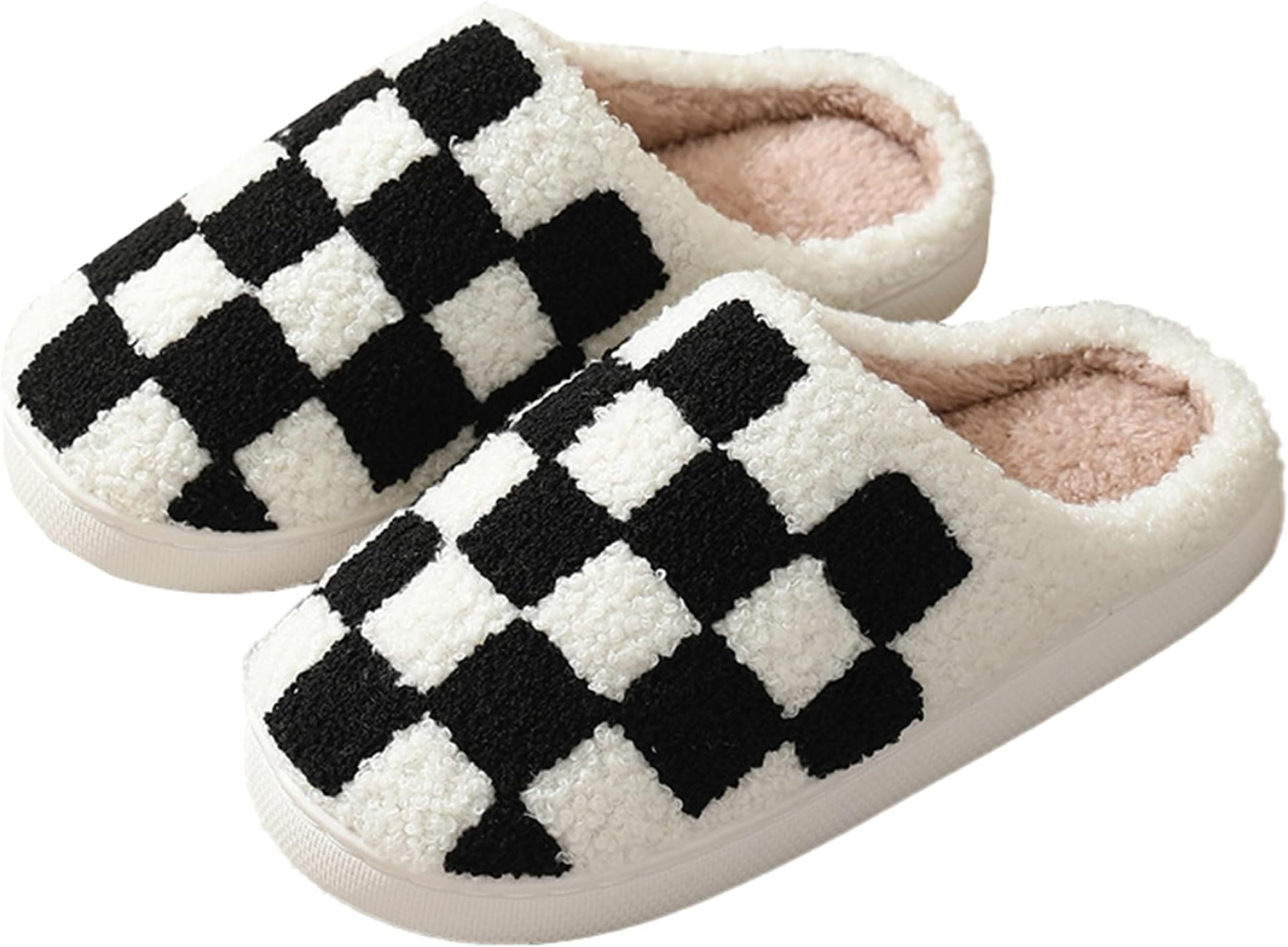TellrainCheckered Slippers Women Fuzzy Memory Foam Men House Slippers Trendy Checkerboard Fluffy Preppy Slippers Bedroom Closed Toe Sandals