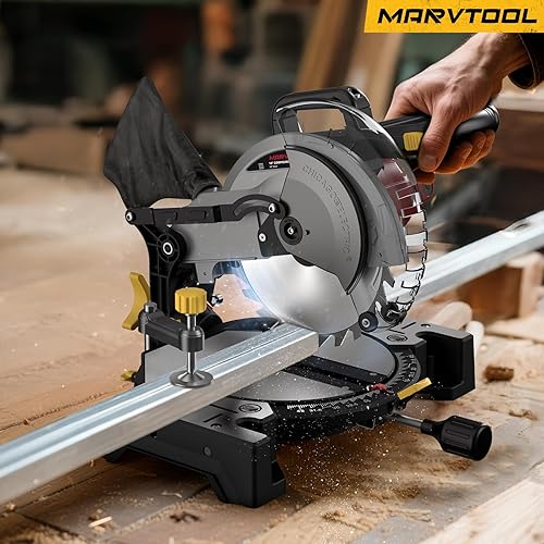 Miniatura 8 de Marvtool Sierra ingletadora compuesta de 10 pulgadas, 5000 RPM, 15 amperios, bisel único 0-45 con mesa de extensión, hoja 36T, sierra eléctrica para