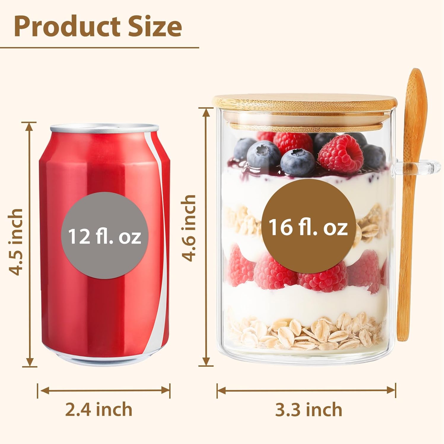 6 Pack Overnight Oats Containers with Lids and Spoons, 16oz Glass Jars with Bamboo Lids, Airtight Meal Prep Yogurt Containers for Breakfast, Parfait, Salad, Chia Pudding - Image 2