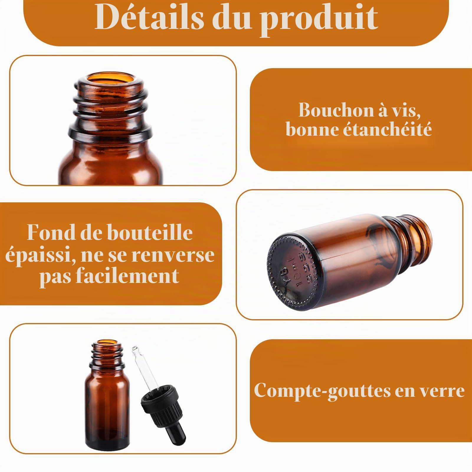 Lot de 48 flacons compte-gouttes 10 ml, flacon en verre brun avec compte-gouttes, flacon en verre avec pipette, flacon en verre brun pour huiles essentielles, huiles parfumées, aromathérapie
