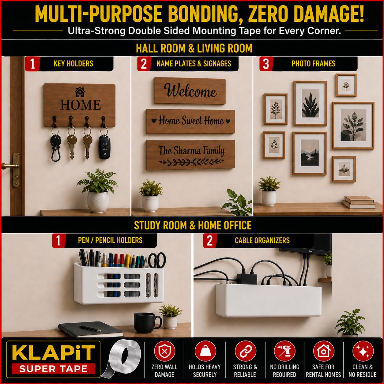 KLAPiT Super Tape | Clear Double-Sided Nano Tape (1M Holds 41Kg) | Heavy Duty Strong Adhesive for Wall, Tile, Glass, Metal | Indoor Outdoor Mounting Tape - Tough1M 4