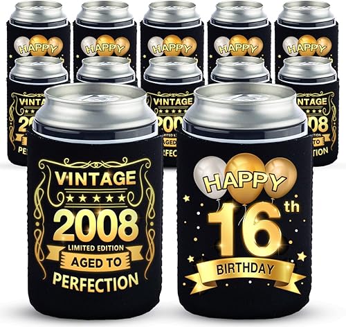 Paquete de fundas enfriadoras de latas de cumpleaños de 16 a 16 años, decoraciones de aniversario de 12 a 16 años, suministros para fiestas de