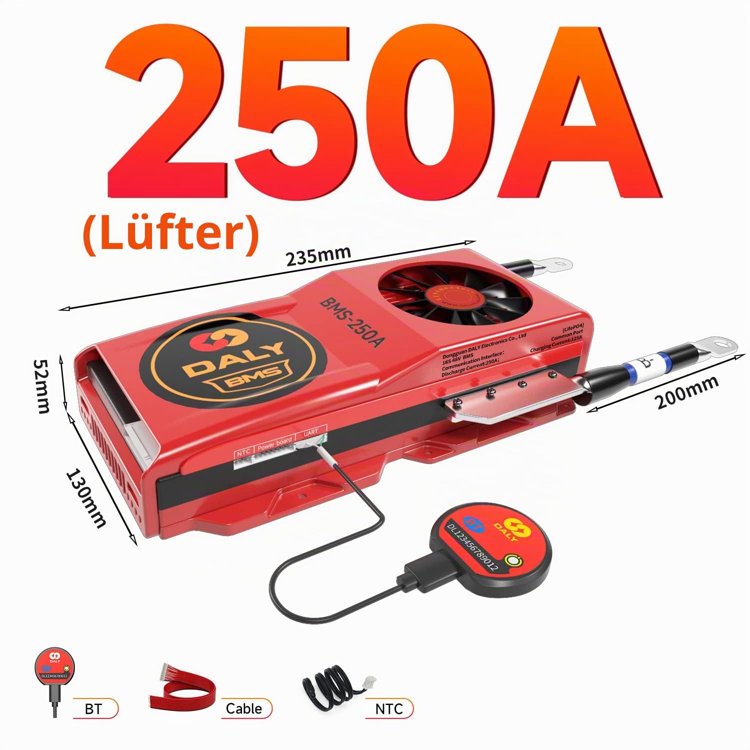 DALY Smart BMS LiFePo4 16S 48V 250A mit Lüfter, mit App zur Überwachung sichtbarer Daten, Bluetooth-Modul, UART-Kommunikation für die Verwaltung von 3,2-V-Lithiumbatterien