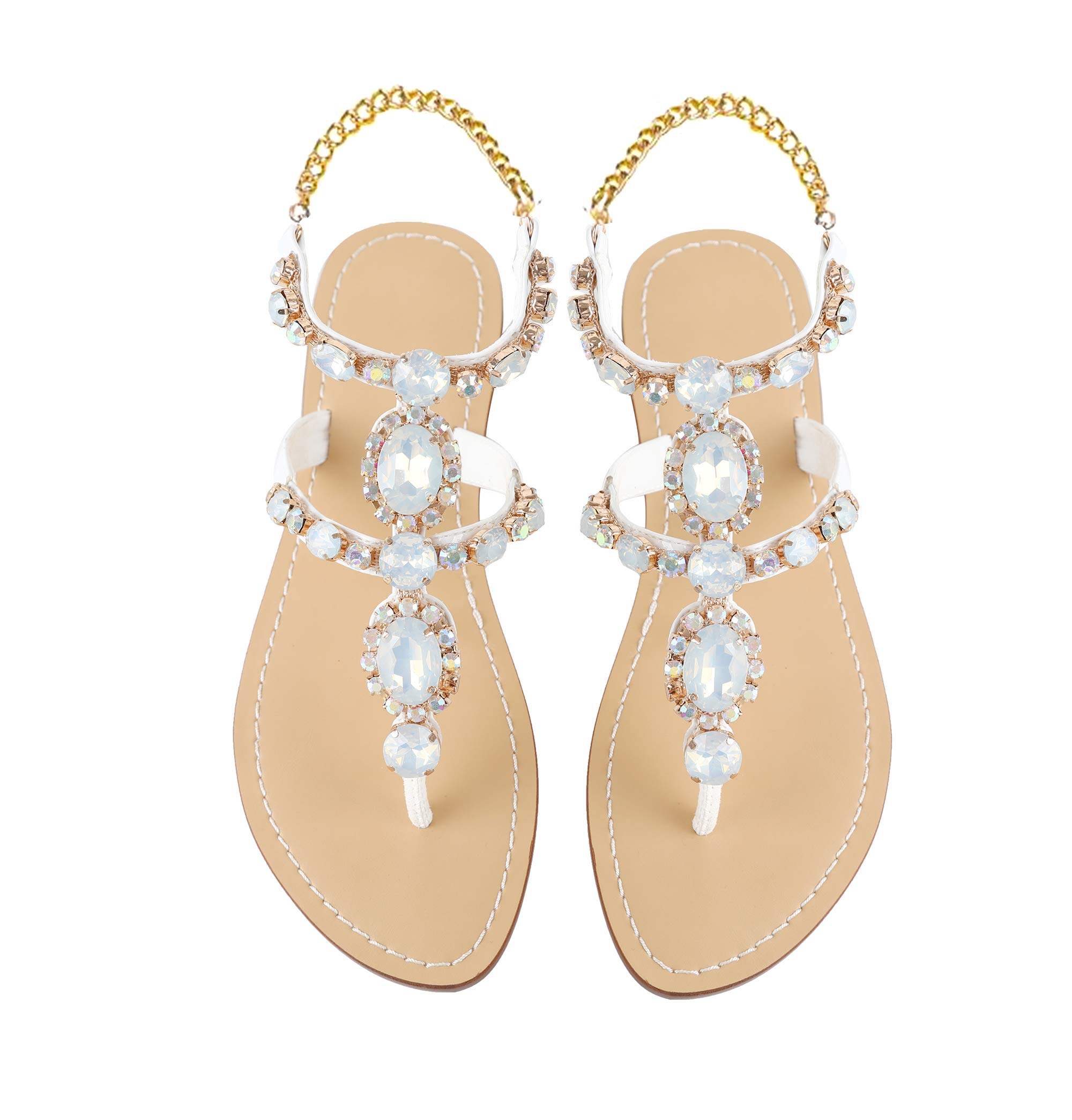 ZhuLinFeng Women'S Rhinestone Gladiator Sandals Flat Wedding Sandals Gem Pearl Sparkling Bridal Bridesmaid Sandals Blue Bohemian Sandals