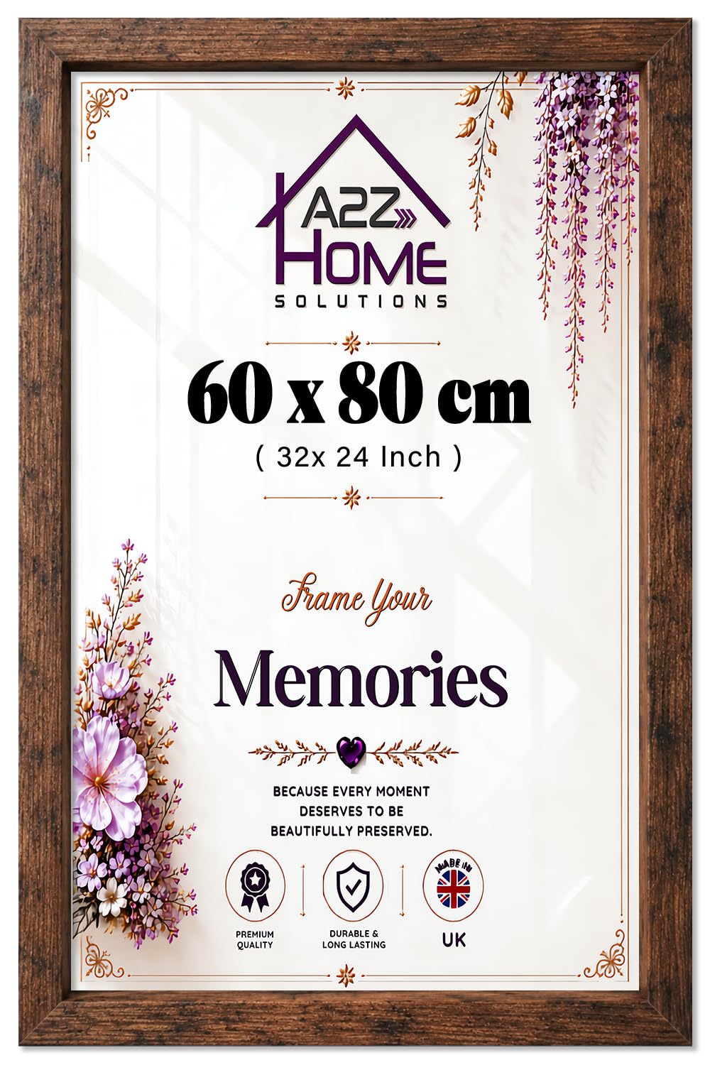 A2Z Vintage 60x80cm Rustic Poster Frame | Eton Wood Frame, Acrylic Front | For Wall Decor, Home & Gift (32x24 in)