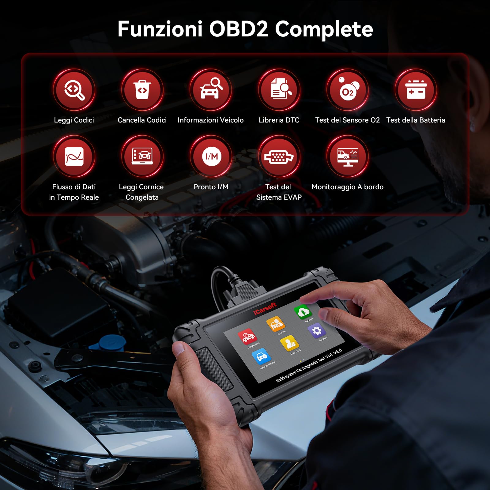 iCarsoft VOL V4.0 Scanner OBD2 Auto Diagnostica Bidirezionale per Volvo/SAAB+ 2 Marche di auto, Sistema Completo, Fino a 29 Servizi di Ripristino per Volvo/SAAB, Auto VIN, Aggiornamenti a Vita