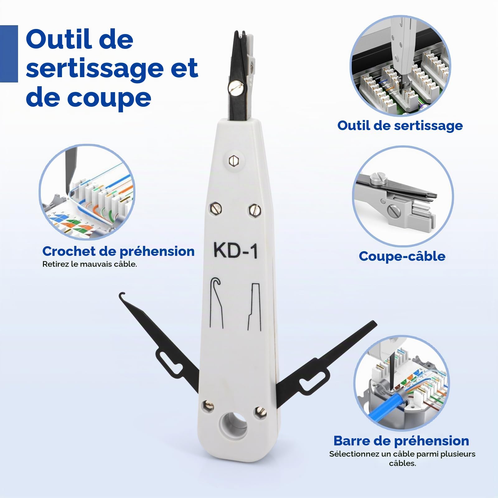Kit Pince à Sertir RJ45 Professionnel,Connecteurs Pass-Through Cat7/Cat6a | Pince à sertir professionnelle avec testeur, dénudeur et connecteurs. Robuste et durable pour usage domestique et bureau.