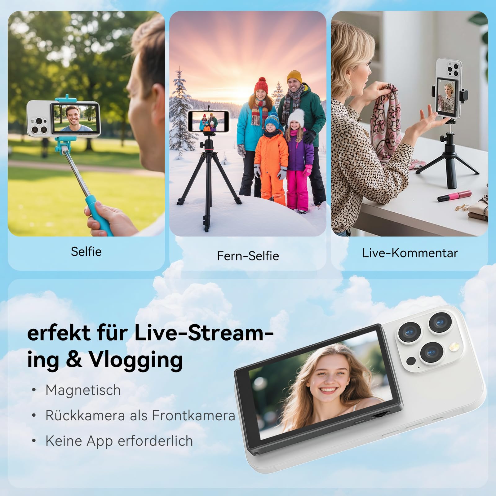 Écran magnétique pour Selfie Martphone avec caméra arrière pour iPhone et Android pour TikTok Live Streaming Noir Smartphone Vlog Selfie Monitor Screen