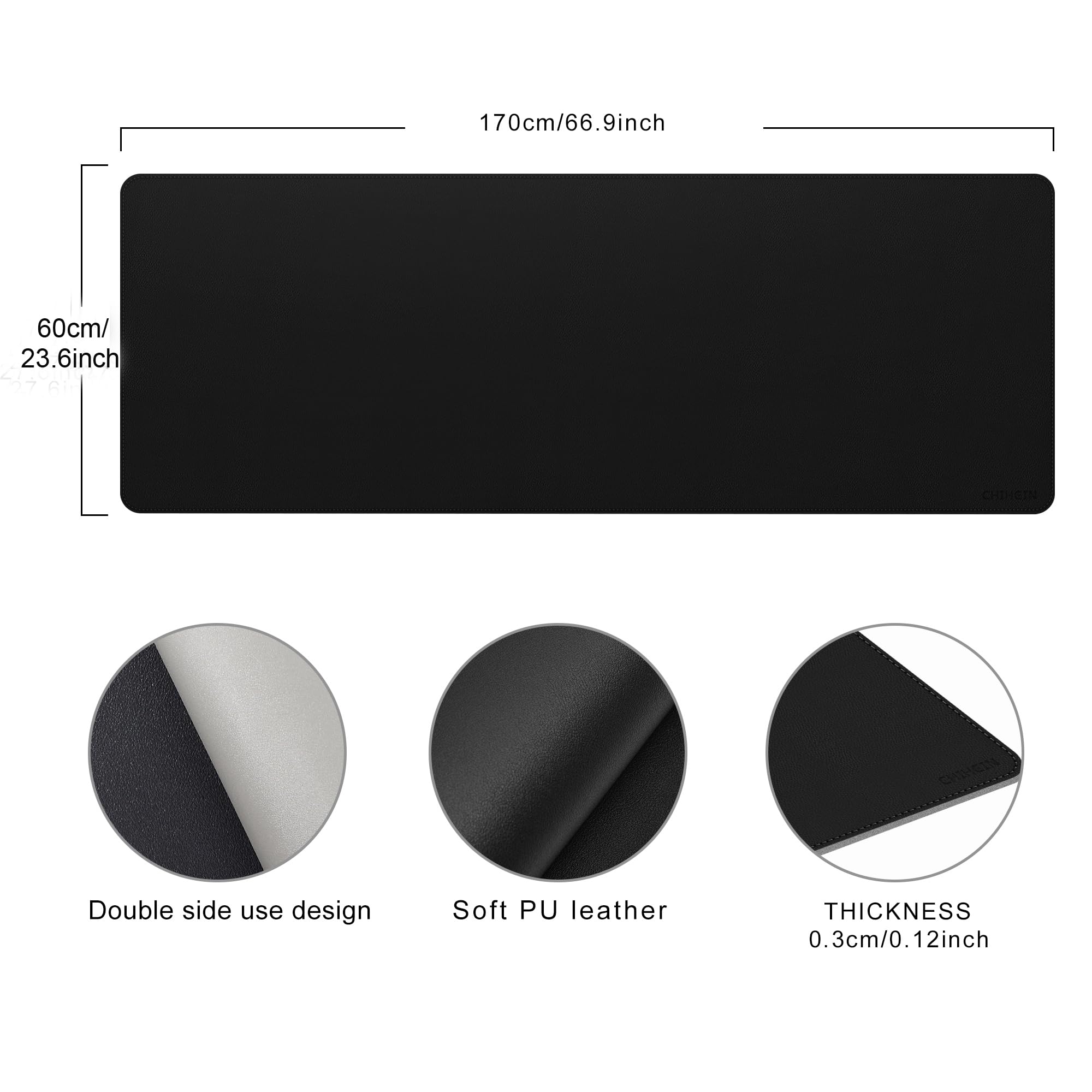 Chihein Podkładka na biurko ze skóry PU, 170 x 60 cm, 4XL, czarna / szara, ogromna podkładka pod mysz, dwustronna podkładka na biurko, wodoodporna podkładka do pisania do gier, biura, domu, 170 x 60