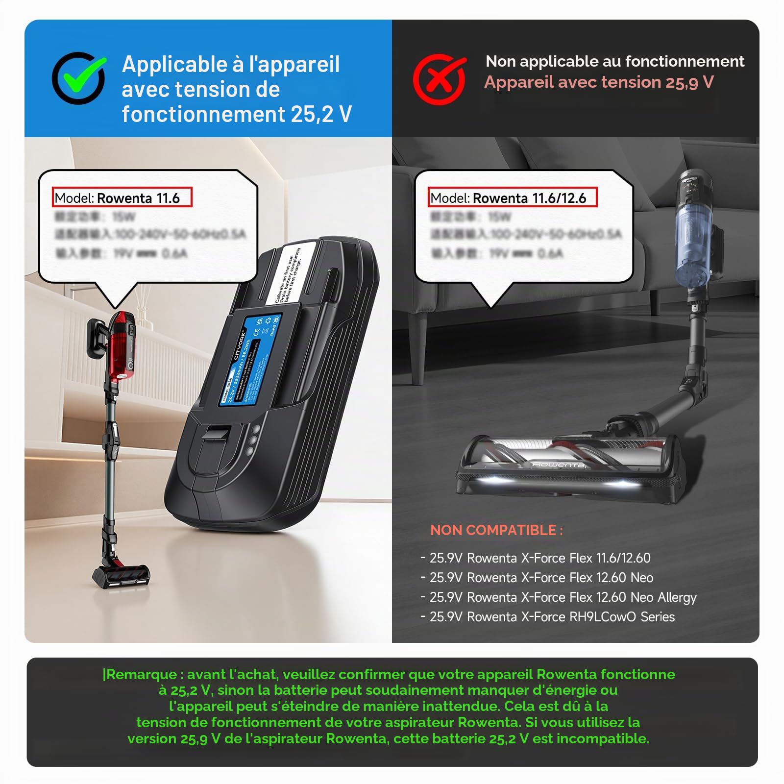 CITYORK 25,2V/3500mAh Batterie pour 25.2V Rowenta X-Force Flex 11.60 Aqua/Animal Series, pour Rowenta 25,2V TY98,EO98 Batterie RH9878WO/ZR009701/ZR009705(non avec 25.9V Rowenta Flex 11.60/12.60 Serie)