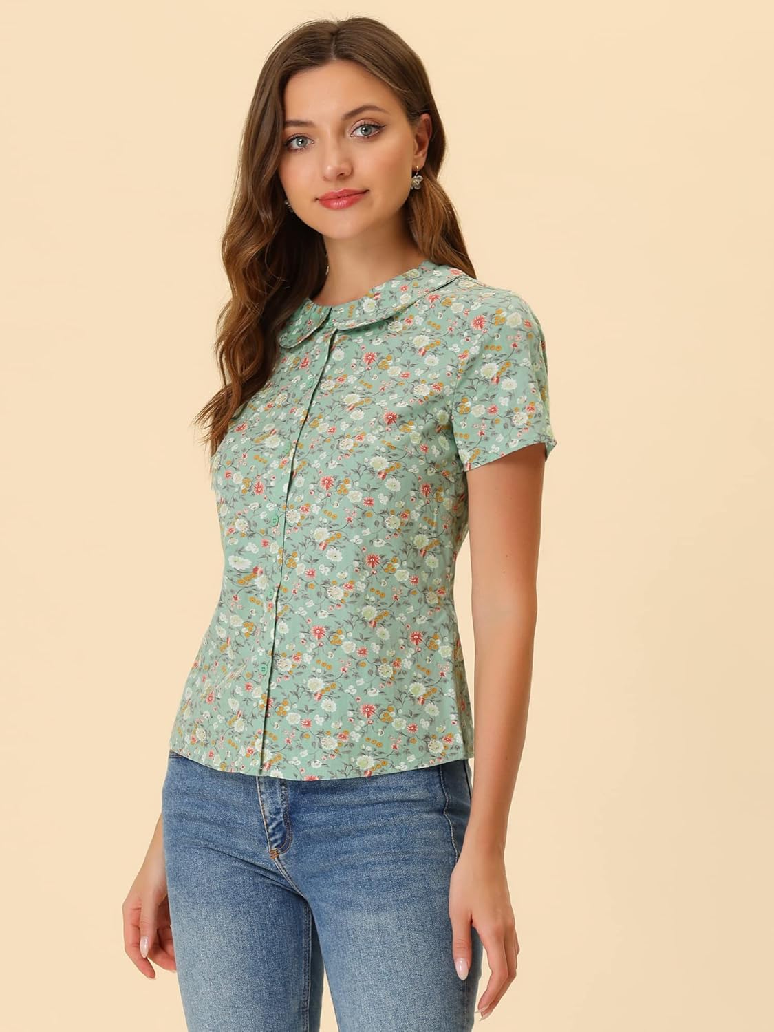 Allegra K Women's Peter Pan Collar Shirts Button Front Vintage Floral Blouse Top - Image 3