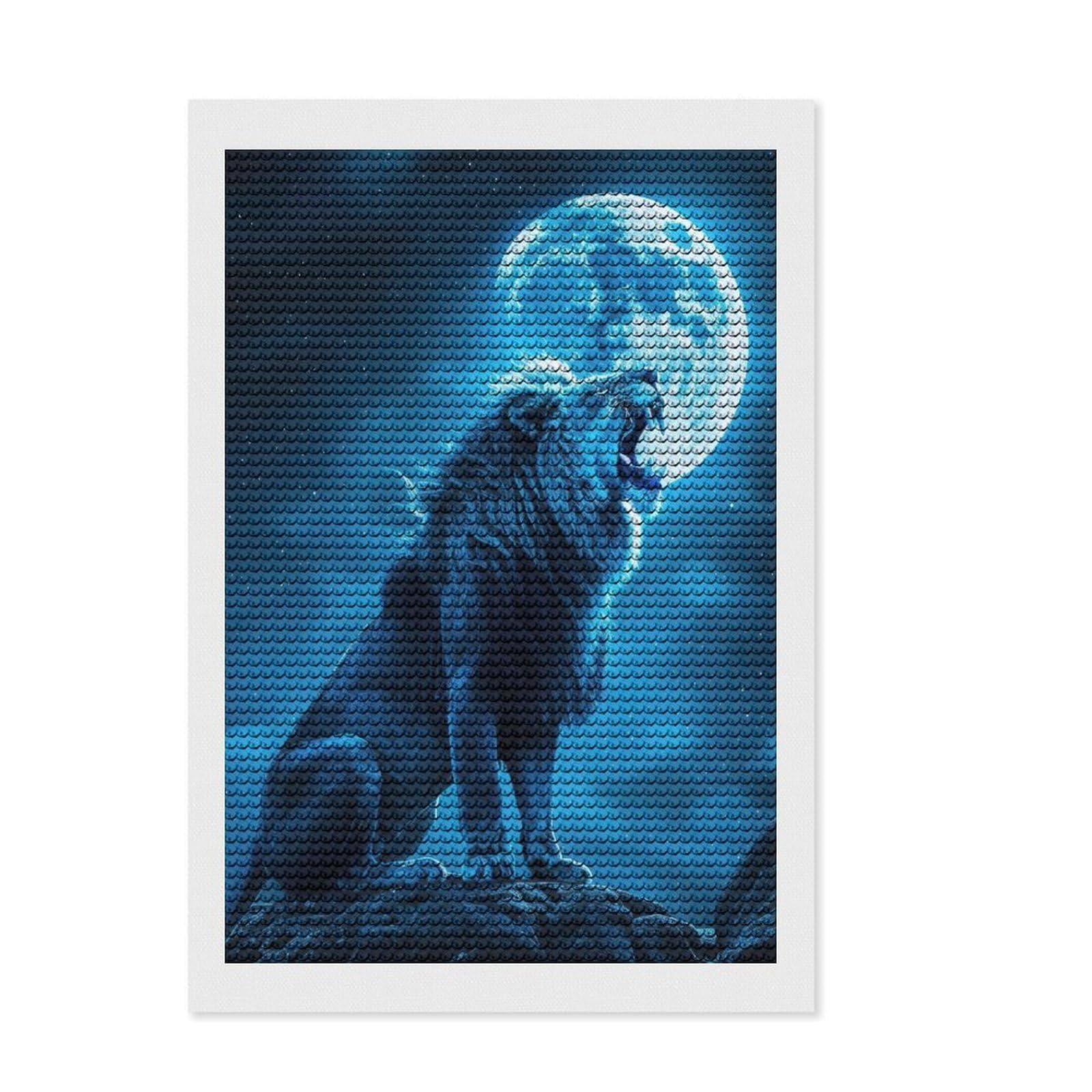 Junmoney Lion Under A Full Moon Crystal Diamond Art Kit 8"x12", Vintage Style Decor, Stress Relief Craft, Thoughtful Present, Aesthetic Room Decor