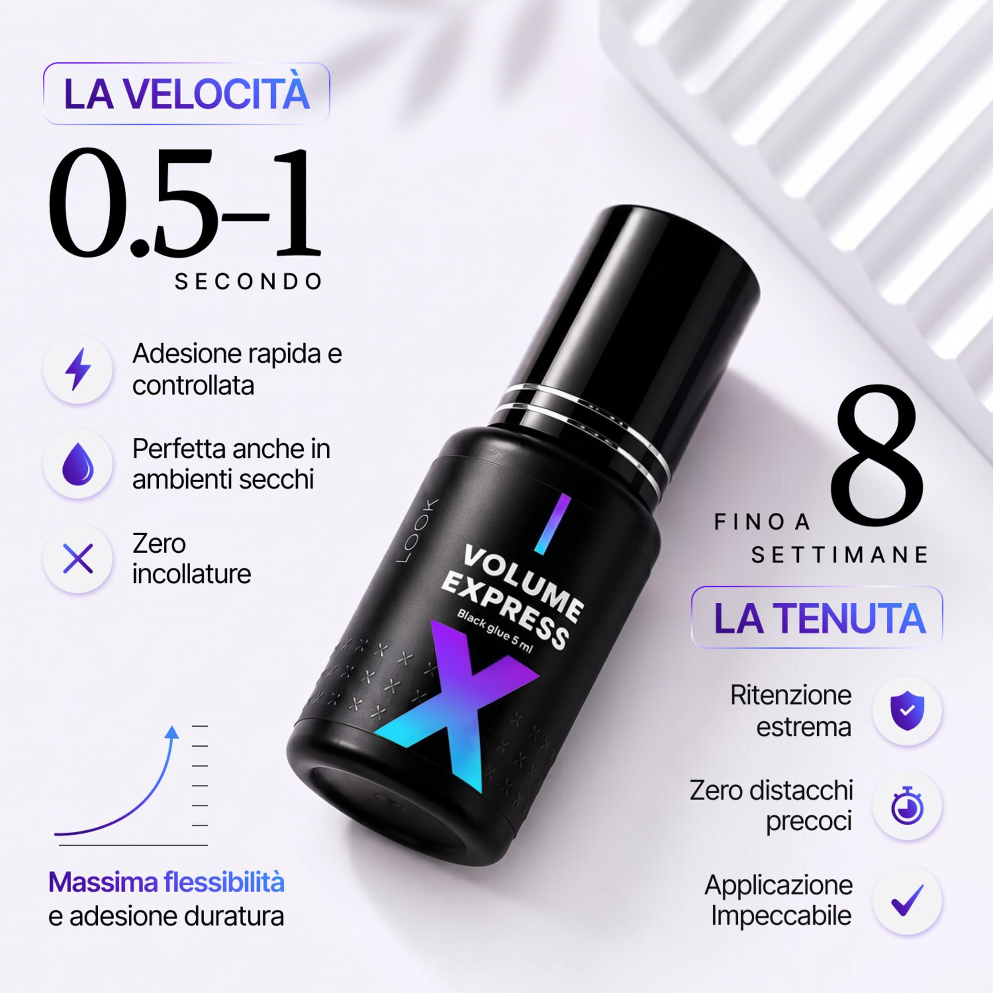 Colla Professionale Extension Ciglia Extreme Look "Volume Express" 5ml | Ultrarapida e Resistente | Adesione in 0,5 sec | Durata fino a 8 settimane | Ideale per Tecnica Volume | Non Causa Incollature