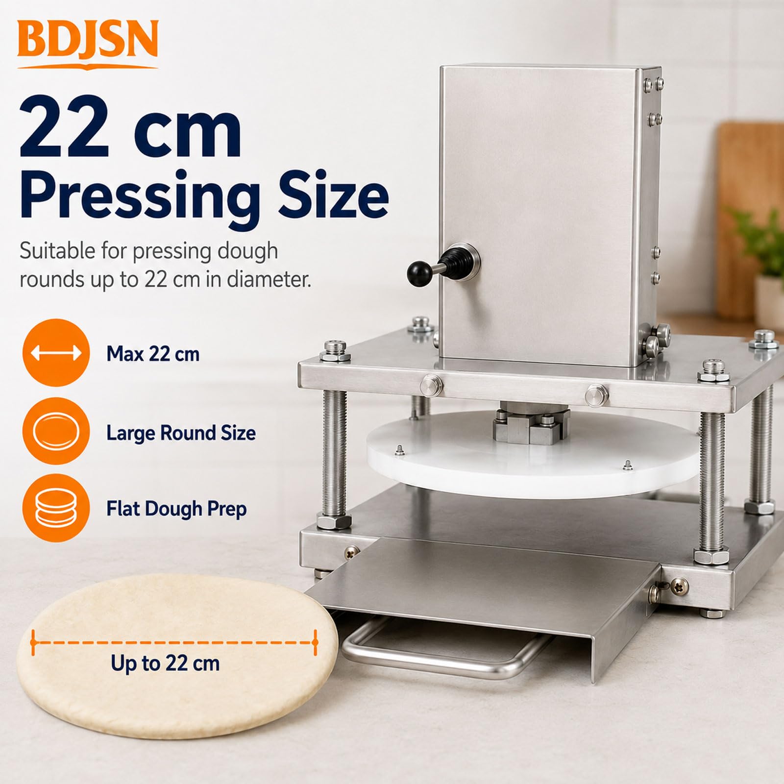 Elektrische Teigpresse, 22 Cm Gewerbliche Teigpressmaschine Mit 2000 N Presskraft, Edelstahl-presse Für Pizza, Tortilla Und Fladenbrot, Ohne Heizfunktion